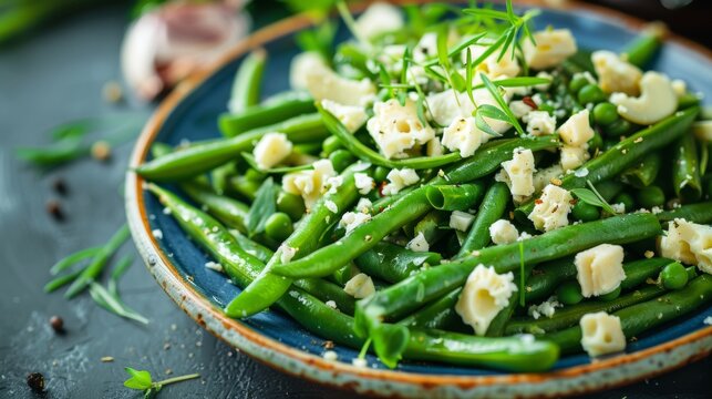 French cuisine. Green bean salad with cheese and herbs.