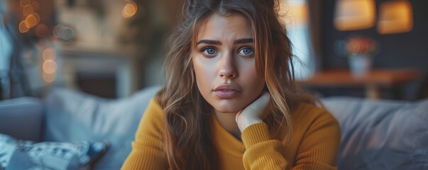 A young woman with long brown hair sits on a couch, looking thoughtful.