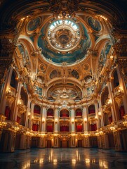 Obraz premium Majestic interior of an ornate opera house with grand chandeliers, detailed frescoes, and luxurious architectural design.