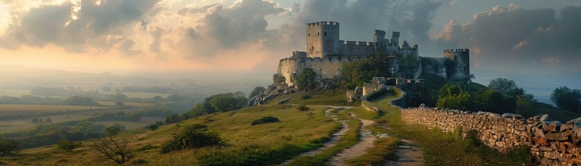 Obraz premium Majestic medieval castle atop a hill at sunset, overlooking a serene countryside landscape, with a winding path leading to the gate.