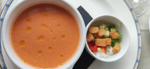typical spanish cold soup known as gazpacho or salmorejo