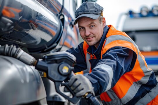 Truck driver fueling the truck, holding a fuel pump, wearing a work uniform and gloves, standing at the fuel tank, Portrait half-body, hyper-realistic, high detail, photorealistic, white background,