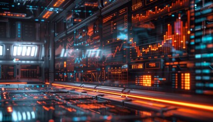 Stock market trends, digital holographic graphs, futuristic trading room, neon highlights