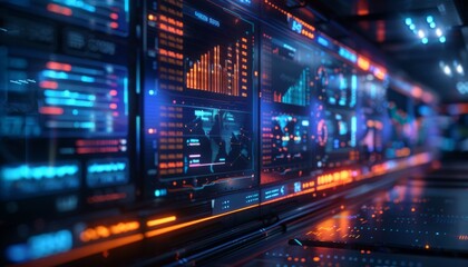 Hologram trading dashboard, floating financial data, ultra-modern office, blue neon lights