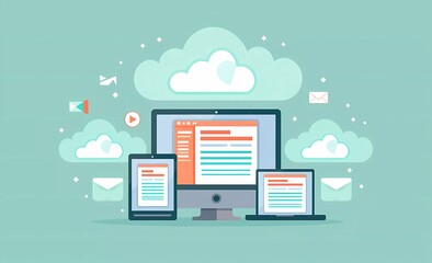 Vector flat illustration of cloud storage concept showing multiple devices, a laptop and phone, displaying online documents on their screens against a light teal colored background.