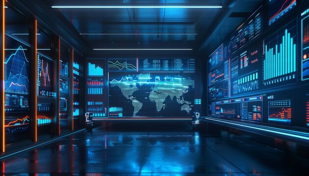 Hologram trading dashboard, floating financial data, ultra-modern office, blue neon lights