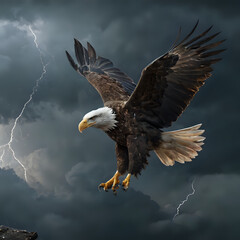 Obraz premium a bald eagle flying in the sky with a lightning bolt in the background