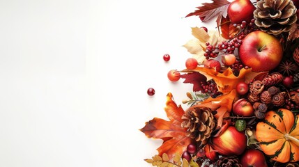 Thanksgiving background: Apples, pumpkins and fallen leaves. Copy space for text. Halloween, Thanksgiving day or seasonal background. Design mock up.