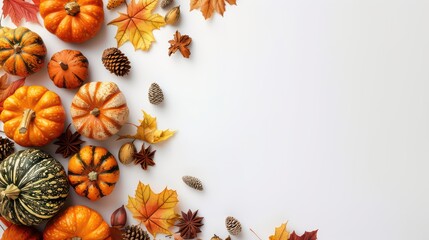 Thanksgiving background: Apples, pumpkins and fallen leaves. Copy space for text. Halloween, Thanksgiving day or seasonal background. Design mock up.