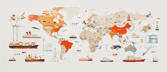 A global trade route with various modes of transport, watercolor, vibrant, lifelike
