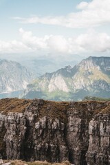 Alps and mountains in fog in summer