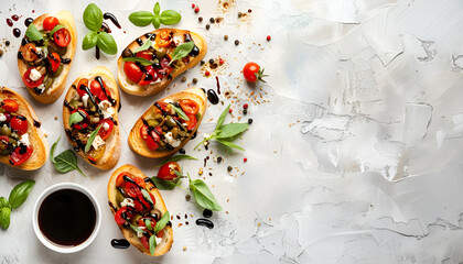 Fototapeta premium Delicious bruschettas with balsamic vinegar and toppings on light textured table, flat lay. Space for text