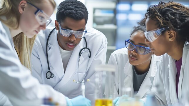 Young medical scientists in a contemporary lab share insights, fostering innovation through collaboration.