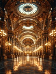 Obraz premium Ornate interior of a grand hall with stunning architecture, arched ceilings, and elaborate chandeliers, reflecting golden light onto marble floors.