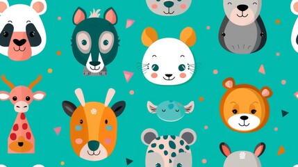 A playful pattern featuring cartoon faces of various animals on a teal background, suitable for children's designs