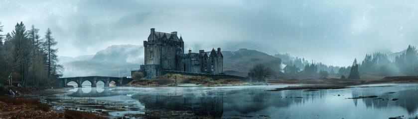 Naklejka premium Scenic panorama of a medieval castle surrounded by misty forests and a calm lake, capturing an eerie and tranquil atmosphere.