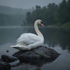 Fototapeta premium a white swan sitting on a rock in the water