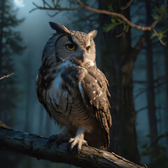 Naklejka premium a owl sitting on a branch in the woods