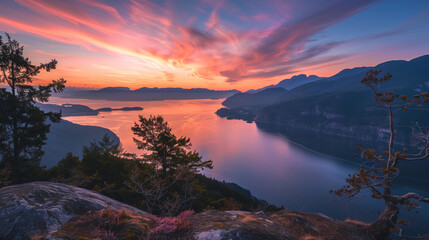 As the sun sets, the sky and mountains are immersed in a palette of warm colors. A stunning sight where orange, red and purple shades blend harmoniously with the darkening mountain peaks.