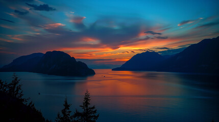 As the sun sets, the sky and mountains are immersed in a palette of warm colors. A stunning sight where orange, red and purple shades blend harmoniously with the darkening mountain peaks.