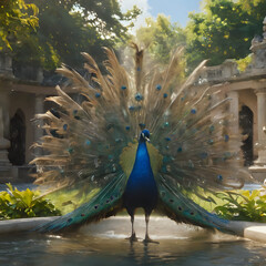Obraz premium peacock with feathers spread out in front of a fountain