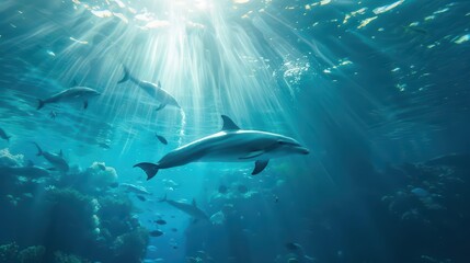 Obraz premium A hightech aquarium operated by dolphin caretakers with seaweed heads who communicate with marine life through spectral waves