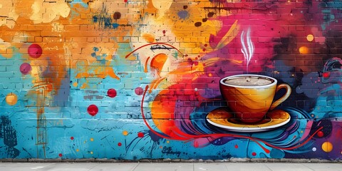 Obraz premium Vibrant Coffee Themed Graffiti Art Adorning an Urban Wall