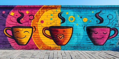 Vibrant Coffee Themed Street Art Mural on Urban Wall with Bright  Colorful Graffiti Style