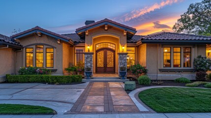 Obraz premium Beautiful house with a sunset in the background. AI.