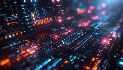 Obraz premium Hologram trading graphs, futuristic financial charts, dark theme, glowing lines, advanced tech