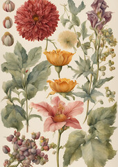 Watercolor Illustration of Various Blooming Wildflowers