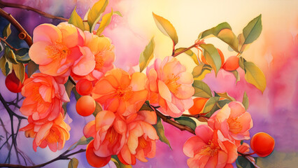 Vibrant flowers and peach fruit on a branch set against a colorful dreamy background