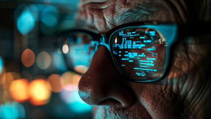 Elderly man wearing glasses with code reflected on the lenses