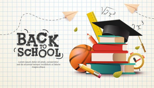 Back to school vector design. Welcome back to school greeting typography on checkered paper with books, pencils, soccer ball and graduation cap for educational learning background