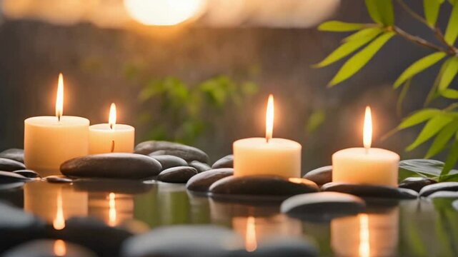 Spa Setting with Candles, Stones, and Bamboo