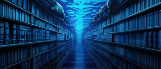A hightech library where mystical books summon spectral animals to demonstrate their unique abilities and teach biology through immersive