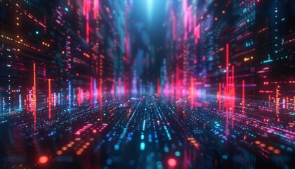 Holographic financial trends, neon highlights, futuristic office, digital data streams, stock analysis