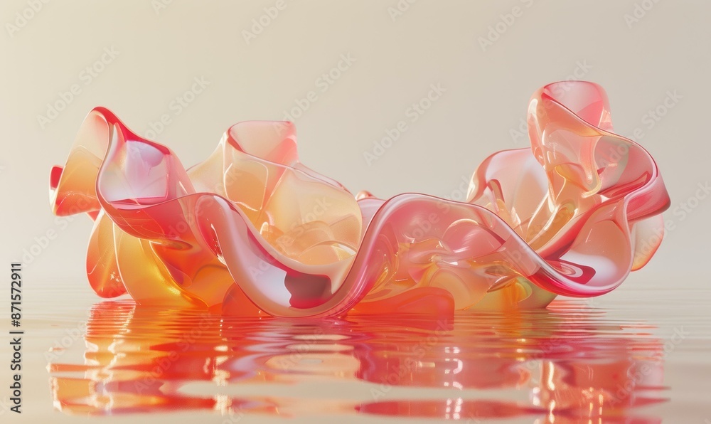 Sticker Abstract 3D rendering of translucent pink and orange shapes floating on a reflective surface. AI.