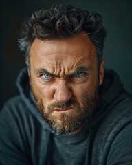 Fototapeta premium Portrait of a man with a serious expression on his face. AI.