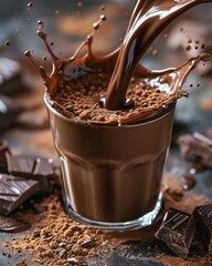 Chocolate milk splash with cocoa powder, ample copy space