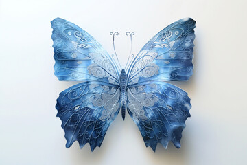 Beautiful blue butterfly with intricate wing patterns on a light background, showcasing delicate natural beauty and elegance.
