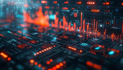 Futuristic stock trends, hologram interface, glowing graphs, corporate setting, modern design