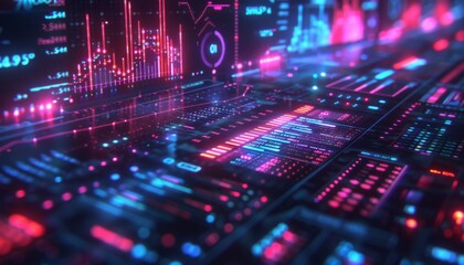 Stock market chart, holographic display, futuristic interface, neon glow, financial data visualization