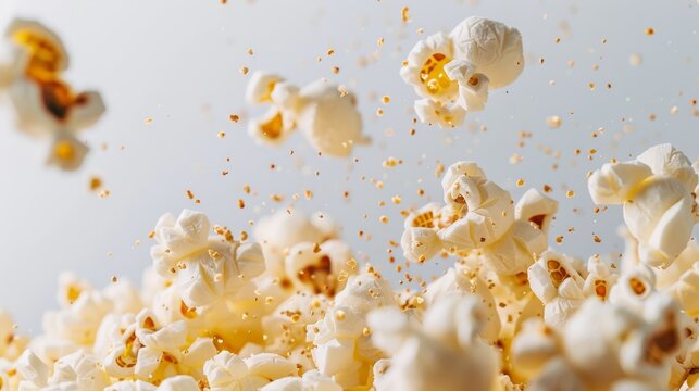 Close-up of freshly popped popcorn with cheese seasoning, kernels flying in mid-air against a white studio background, with ample copy space