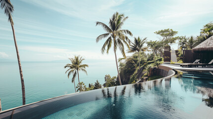 Exclusive spa retreat offering infinity pools with stunning ocean views, amidst tropical gardens and swaying palm trees. Perfect for marketing wellness holidays or luxury escapes.


