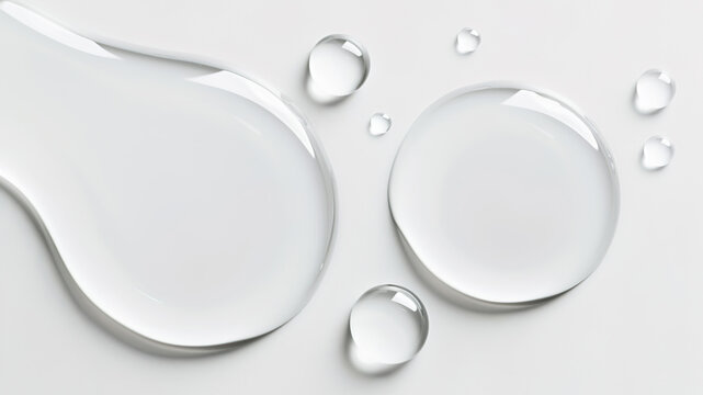 Close up drops of a clear liquid cosmetic product for skin. Gel texture with bubbles on white background. High-quality photography.