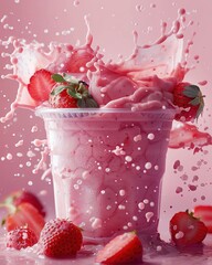 Pink smoothie splash with strawberry pieces, ample copy space