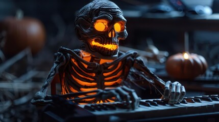 An innovative music therapy session where pumpkinheaded zombie musicians use their supernatural abilities to heal and inspire through enchanted melodies and ghostly harmonics