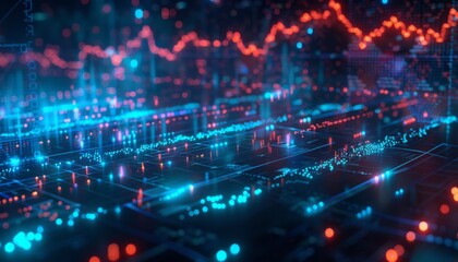Obraz premium Stock chart analysis, holographic interface, futuristic financial technology, neon blue glow