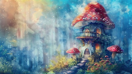 Mystical Mushroom Haven: Whimsical House with Balcony in Enchanted Forest - Watercolor Fantasy Art with Magical Aura